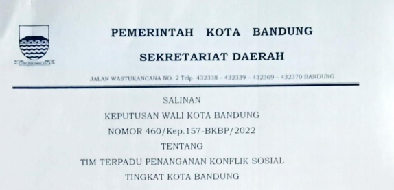 Cover Keputusan Wali Kota Bandung Nomor 460/Kep.157-BKBP/2022 tentang Tim Terpadu Pengananan Konflik Sosial Tingkat Kota Bandung.