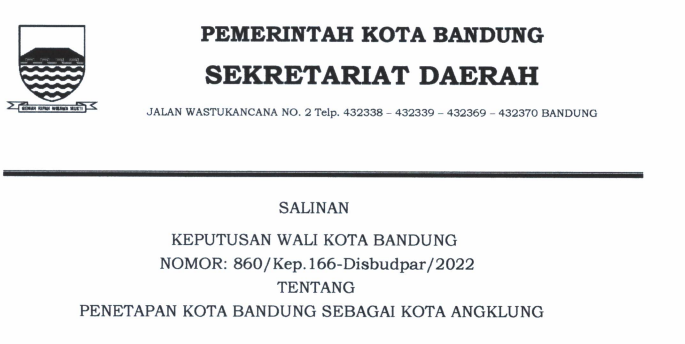 Cover Keputusan Wali Kota Bandung Nomor 800/Kep.166-Disbudpar/2022 tentang Penetapan Kota Bandung Sebagai Kota Angklung