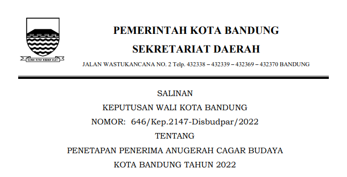 Cover Keputusan Wali Kota Bandung Nomor 646/Kep.2147-Disbudpar/2022 tentang Penetapan Penerima Anugerah Cagar Budaya Kota Bandung Tahun 2022