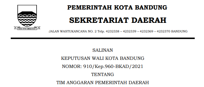 Cover Keputusan Wali Kota Bandung Nomor 910/Kep.960-BKAD/2021 tentang Tim Anggaran Pemerintah Daerah