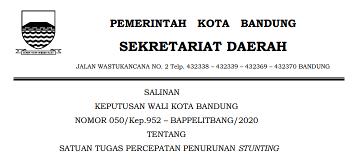 Cover Keputusan Wali Kota Nomor 050/Kep.952 – BAPPELITBANG/2020 tentang Satuan Tugas Percepatan Penurunan Stunting