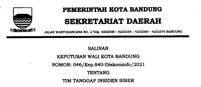 Cover Keputusan Wali Kota Bandung Nomor 046/Kep.840-Diskominfo/2021 tentang Tim Tanggap Insiden Siber