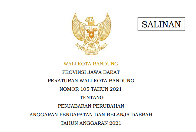 Cover Peraturan Wali Kota Bandung Nomor 105 Tahun 2021 tentang Penjabaran Perubahan Anggaran Pendapatan Dan Belanja Daerah Tahun Anggaran 2021