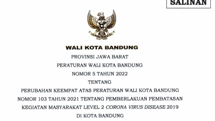 Cover Peraturan Wali Kota Bandung Nomor 5  Tahun 2022 Perubahan Keempat atas Peraturan Wali Kota Bandung Nomor  103 Tahun 2021 tentang Pemberlakuan Pembatasan Kegiatan Masyarakat Level 2 Corona Virus Disease 2019 di Kota Bandung