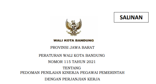 Cover Peraturan Wali Kota Bandung Nomor 115 Tahun 2021 tentang Pedoman Penilaian Kinerja Pegawai Pemerintah Dengan Perjanjian Kerja