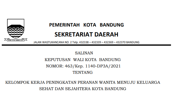 Cover Keputusan Wali Kota Bandung Nomor 463/Kep.1140-DP3A/2021 tentang Kelompok Kerja Peningkatan Peranan Wanita Menuju Keluarga Sehat Dan Sejahtera Kota Bandung