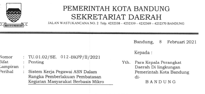 Cover Surat Edaran Wali Kota Bandung Nomor TU.01.02/SE.012-BKPP/lI/2021 tentang Sistem Kerja Pegawai Asn Dalam Rangka Pemberlakuan Pembatasan Kegiatan Masyarakat Berbasis Mikro