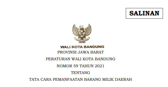 Cover Peraturan Wali Kota Bandung Nomor 59 Tahun 2021 tentang Tata Cara Pemanfaatan Barang Milik Daerah