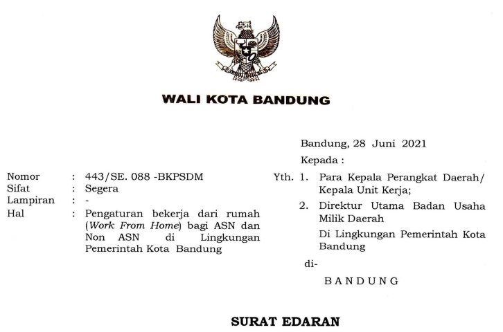 Cover Surat Edaran Wali Kota Bandung Nomor 443/SE. 088 -BKPSDM tentang Pengaturan Bekerja Dari Rumah [work From Home) Bagi Asn Dan Non Asn Di Lingkungan Pemerintah Kota Bandung