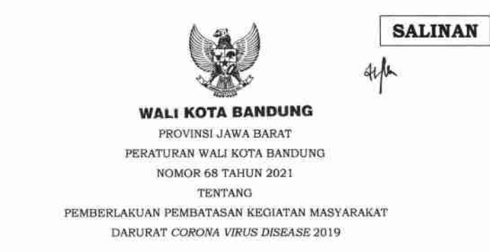 Cover Peraturan Wali Kota Bandung Nomor 68 Tahun 2021 tentang Perberlakuan Pembatasan Kegiatan Masyarakat Darurat Corona Virus Disease 2019