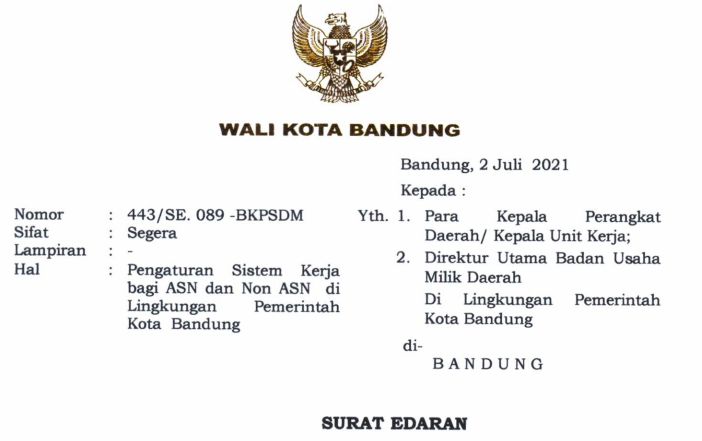 Cover Surat Edaran Wali Kota Bandung Nomor 443/SE.089-BKPSDM tentang Penganturan Sistem Kerja Bagi Asn Dan Non Asn Di Lingkungan Pemerintah Kota Bandung