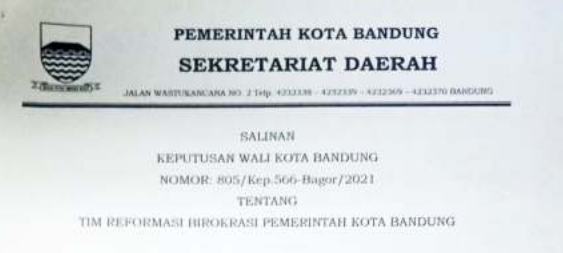 Cover Keputusan Wali Kota Nomor 805/Kep.566-Bagor/2021  tentang Tim Reformasi Birokrasi Pemerintah Kota Bandung