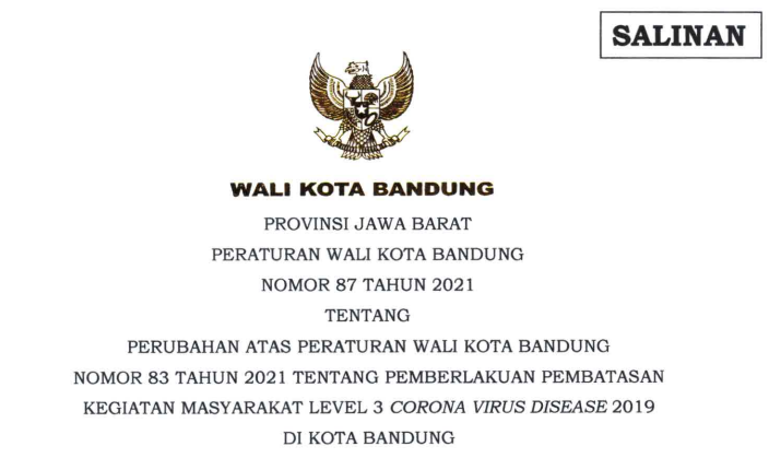 Cover Peraturan Wali Kota Bandung Nomor 87 Tahun 2021 tentang Perubahan Atas Peraturan Wali Kota Bandung Nomor 83 Tahun 2021 Tentang Pemberlakuan Pembatasan Kegiatan Masyarakat Level 3 Corona Virus Disease 2019 Di Kota Bandung