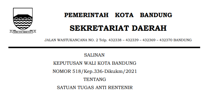 Cover Keputusan Wali Kota Nomor 518/Kep.336-Dikukm/2021 tentang Satuan Tugas Anti Rentenir