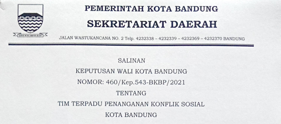 Cover Keputusan Wali Kota Bandung Nomor 460/Kep.543-BKBP/2021 tentang Tim Terpadu Penanganan Konflik Sosial Kota Bandung