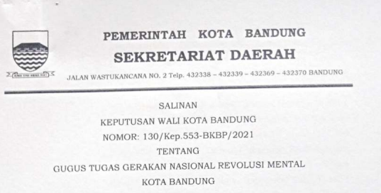 Cover Keputusan Wali Kota Bandung Nomor 130/Kep.533-BKBP/2021 tentang Gugus Tugas Gerakan Nasional Revolusi Metal Kota Bandung