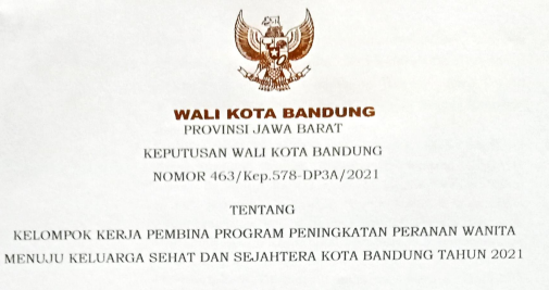 Cover Keputusan Wali Kota Bandung Nomor 463/Kep.578-DP3A/2021 tentang Kelompok Kerja Pembina Program Peningkatan Peranan Wanita Menuju Keluarga Sehat Dan Sejahtera Kota Bandung Tahun 2021