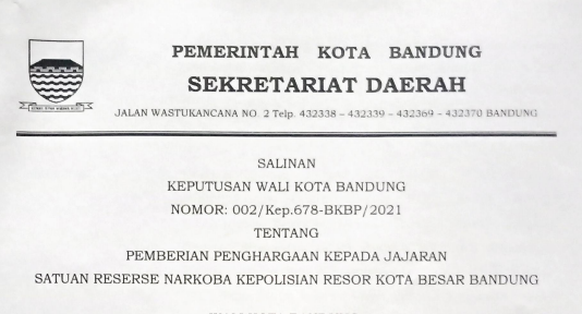 Cover Keputusan Wali Kota Bandung Nomor 002/Kep.678-BKBP/2021 tentang Pemberian Penghargaan Kepada Jajaran Satuan Reserse Narkoba Kepolisian Resor Kota Besar Bandung