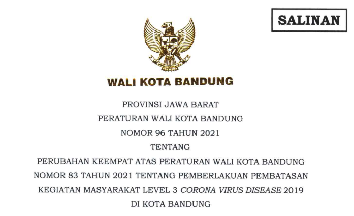 Cover Peraturan Wali Kota Bandung Nomor 96 Tahun 2021 tentang Perubahan Keempat Atas Peraturan Wali Kota Bandung Nomor 83 Tahun 2021 Tentang Pemberlakuan Pembatasan Kegiatan Masyarakat Level 3 Corona Virus Disease 2019 Di Kota Bandung