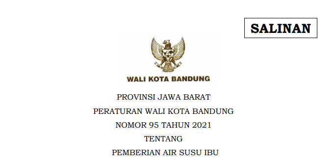 Cover Peraturan Wali Kota Bandung Nomor 95 Tahun 2021 tentang Pemberian Air Susu Ibu