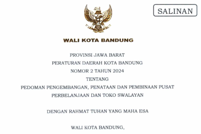 Cover Peraturan Daerah Kota Bandung Nomor 2 Tahun 2024 tentang Pedoman Pengembangan, Penataan dan Pembinaan Pusat Perbelanjaan dan Toko Swalayan