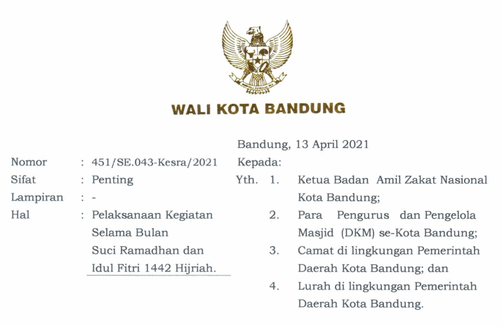 Cover Surat Edaran Wali Kota Bandung Nomor 451/SE.043-Kesra/2021 tentang Pelaksanaan Kegiatan Selama Bulan Suci Ramadhan Dan Idul Fitri 1442 Hijriah