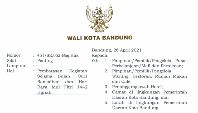 Cover Surat Edaran Wali Kota Bandung   Nomor 451/SE.052-Bag.Huk /2021 tentang Pembatasan Kegiatan Selama Bulan Suci Ramadhan Dan Hari Raya Idul Fitri 1442 Hijriah