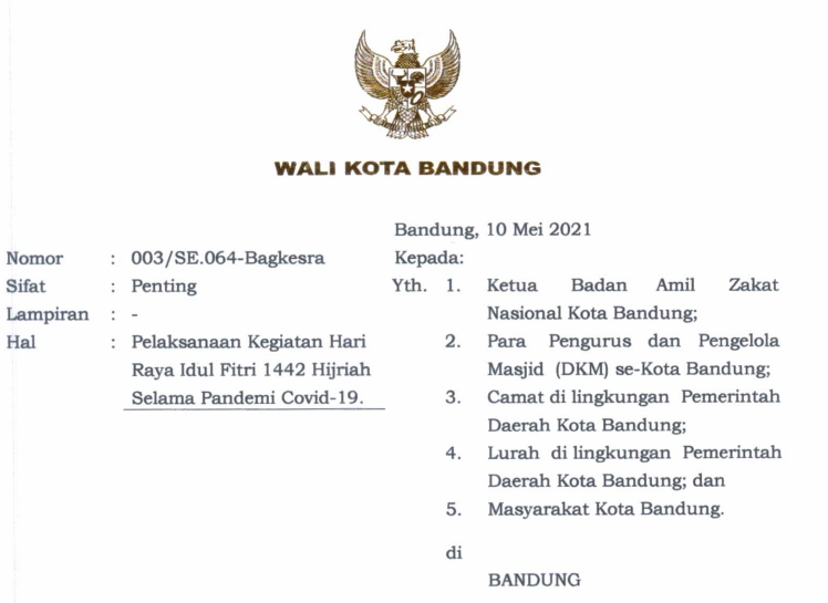 Cover Surat Edaran Wali Kota  Bandung Nomor 003/SE.064-Bagkesra tentang  Pelaksanaan Kegiatan Hari Raya Idul Fitri 1442 Hijriah Selama Pandemi Covid 19