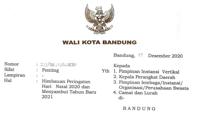 Cover Surat Edaran Wali Kota Bandung Nomor 003/SE.148-BKBP tentang Himbauan Peringatan Hari Natal 2020 Dan Menyambut Tahun Baru 2021