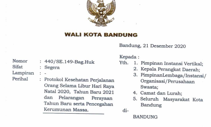 Cover Surat Edaran Wali Kota Nomor 440/SE.149-Bag.Huk tentang Protokol Kesehatan Perjalanan Orang Selama Libur Hari Raya Natal 2020, Tahun Baru 2021 dan Pelarangan Perayaan Tahun Baru serta Pencegahan Kerumunan Massa.