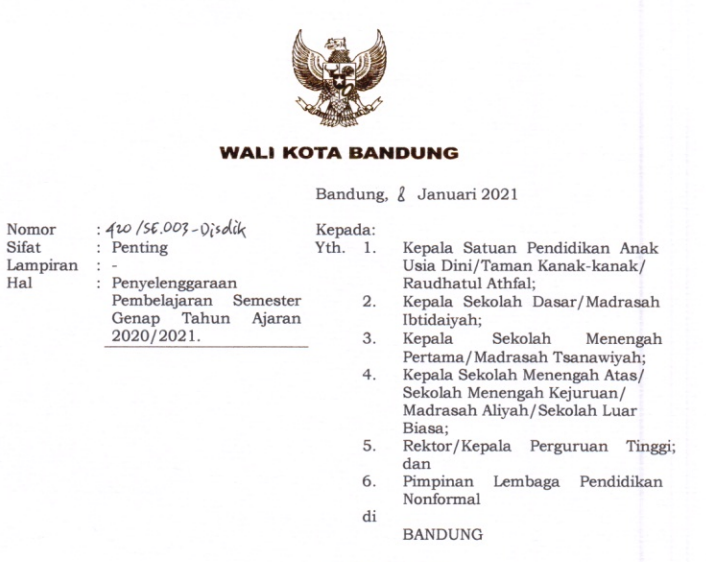 Cover Surat Edaran Wali Kota Bandung Nomor 420/SE.003-Disdik/2021 tentang Penyelenggaraan Pembelajaran Semester Genap Tahun Ajaran 2020/2021