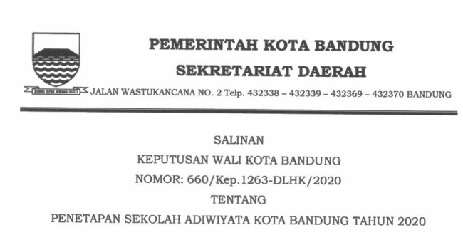 Cover Keputusan Wali Kota Bandung Nomor 660/Kep.1263-DLHK/2020 tenatng Penetapan Sekolah Adiwiyata Kota Bandung Tahun 2020