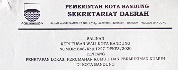 Cover Keputusan Wali Kota Bandung Nomor 648/Kep.1227-DPKP3/2020 tentang Penetapan Lokasi Perumahan Kumuh Dan Permukiman Kumuh Di Kota Bandung