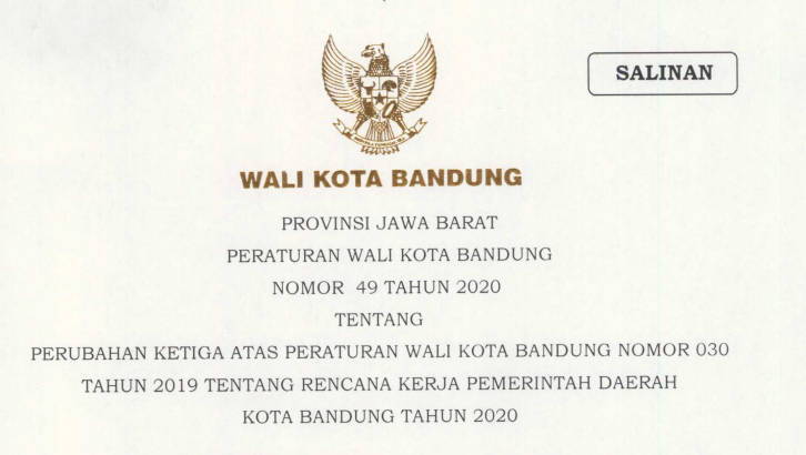 Cover Peraturan Wali Kota Bandung Nomor 49 Tahun 2020 tentang Perubahan Ketiga Atas Peraturan Wali Kota Bandung Nomor 030 Tahun 2019 Tentang Rencana Kerja Pemerintah Daerah Kota Bandung Tahun 2020