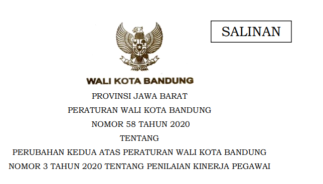 Cover Peraturan Wali Kota Bandung Nomor 58 Tahun 2020 tentang Perubahan Kedua Atas Peraturan Wali Kota Bandung Nomor 3 Tahun 2020 Tentang Penilaian Kinerja Pegawai