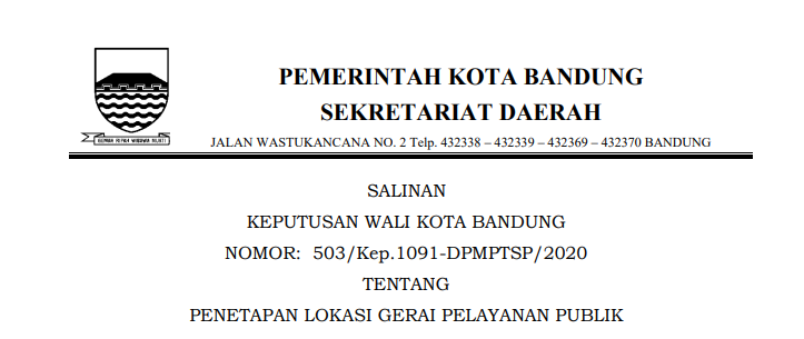 Cover Keputusan Wali Kota Nomor 503/Kep.1091-DPMPTSP/2020 tentang Penetapan Lokasi Gerai Pelayanan Publik