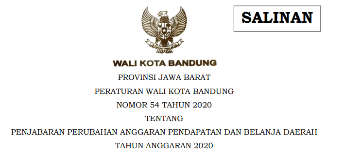 Cover Peraturan Wali Kota Bandung Nomor 54 Tahun 2020 tentang Penjabaran Perubahan Anggaran Pendapatan Dan Belanja Daerah Tahun Anggaran 2020