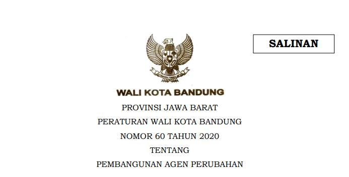 Cover Peraturan Wali Kota Bandung Nomor 60 Tahun 2020 tentang Pembangunan Agen Perubahan