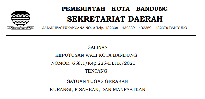 Cover Keputusan Wali Kota Bandung Nomor 658.1/Kep.225-DLHK/2020 tentang Satuan Tugas Gerakan Kurangi, Pisahkan, Dan Manfaatkan