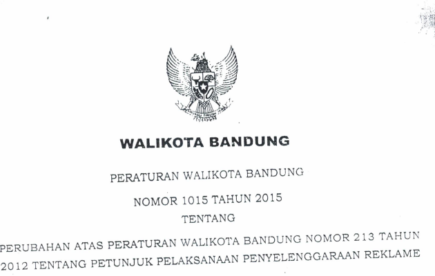 Cover Peraturan Wali Kota Bandung Nomor 1051 Tahun 2015 tentang Perubahan Atas Peraturan Wali Kota Bandung Nomor 213 Tahun 2012 Tentang Petunjuk Pelaksanaan Penyelenggaraan Reklame