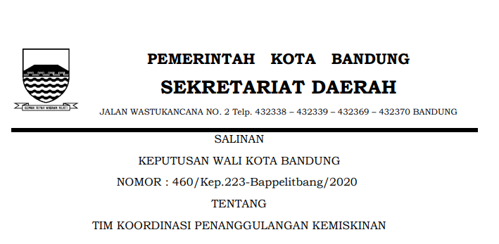 Cover Keputusan Wali Kota Bandung Nomor 460/Kep.223-Bappelitbang/2020 tentang Tim Koordinasi Penanggulangan Kemiskinan