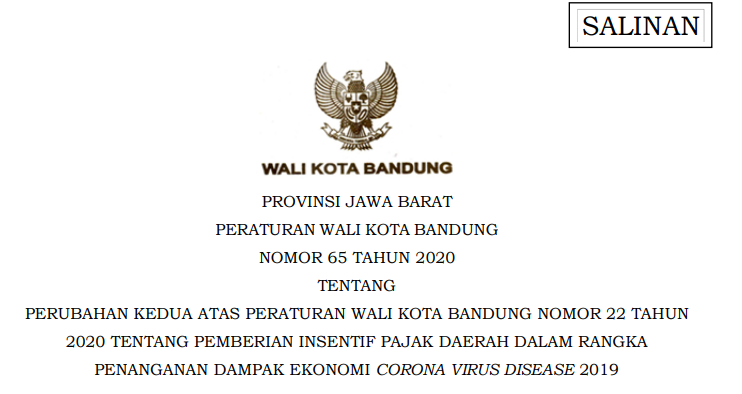 Cover Peraturan Wali Kota Bandung Nomor 65 Tahun 2020 tentang Perubahan Kedua Atas Peraturan Wali Kota Bandung Nomor 22 Tahun 2020 Tentang Pemberian Insentif Pajak Daerah Dalam Rangka Penanganan Dampak Ekonomi Corona Virus Disease 2019