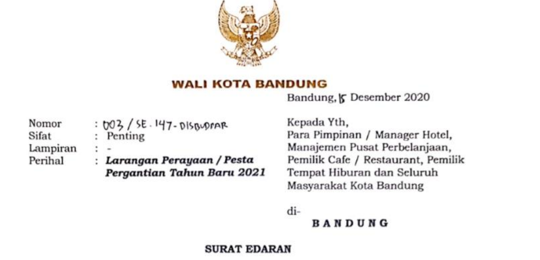 Cover Surat Edaran Wali Kota Nomor 003/SE.147-DISBUDPAR tentangLarangan Perayaan/pesta Pergantian Tahun Baru 2021