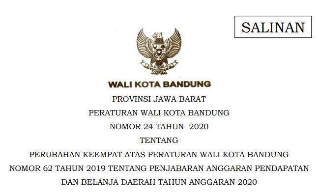 Cover Peraturan Wali Kota Bandung Nomor 24 Tahun 2020 tentang Perubahan Keempat Atas Peraturan Wali Kota Bandung Nomor 62 Tahun 2019 Tentang Penjabaran Anggaran Pendapatan Dan Belanja Daerah Tahun Anggaran 2020