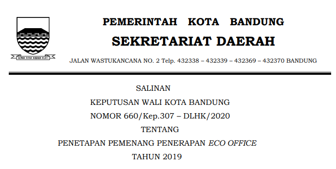 Cover Keputusan Wali Kota Bandung Nomor 660/Kep.307 – DLHK/2020 tentang Penetapan Pemenang Penerapan Eco Office Tahun 2019