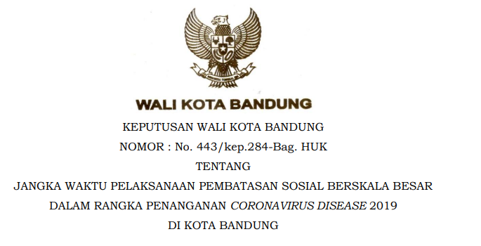 Cover Keputusan Wali Kota Bandung Nomor 443/Kep.284-Bag.Huk/2020 tentang Jangka Waktu Pelaksanaan Pembatasan Sosial Berskala Besar Dalam Rangka Penanganan Coronavirus Disease 2019 Di Kota Bandung