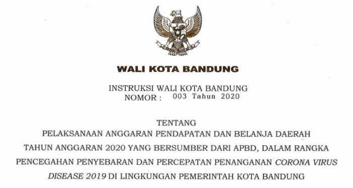 Cover Surat Edaran Wali Kota Bandung Nomor 3 Tahun 2020 tentang Pelaksanaan Anggaran Pendapatan Dan Belanja Daerah Tahun Anggaran 2020 Yang Bersumber Dari Apbd, Dalam Rangka Pencegahan Penyebaran Dan Percepatan Penanganan Corona Virus