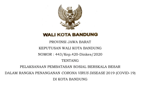 Cover Keputusan Wali Kota Bandung Nomor 443/Kep.420-Dinkes/2020 tentang Pelaksanaan Pembatasan Sosial Berskala Besar Dalam Rangka Penanganan Corona Virus Disease 2019 (covid-19) Di Kota Bandung