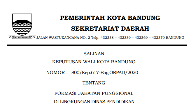 Cover Keputusan Wali Kota Bandung Nomor 800/Kep.617-Bag.ORPAD/2020 tentang Formasi Jabatan Fungsional Di Lingkungan Dinas Pendidikan