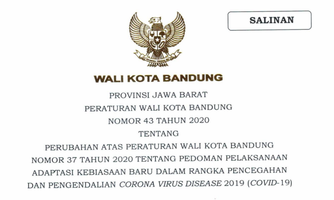 Cover Peraturan Wali Kota Bandung Nomor 43 Tahun 2020 tentang Perubahan Atas Peraturan Wali Kota Bandung Nomor 37 Tahun 2020 Tentang Pedoman Pelaksanaan Adaptasi Kebiasaan Baru Dalam Rangka Pencegahan Dan Pengendalian Corona Virus Disease 2019 (covid-19)